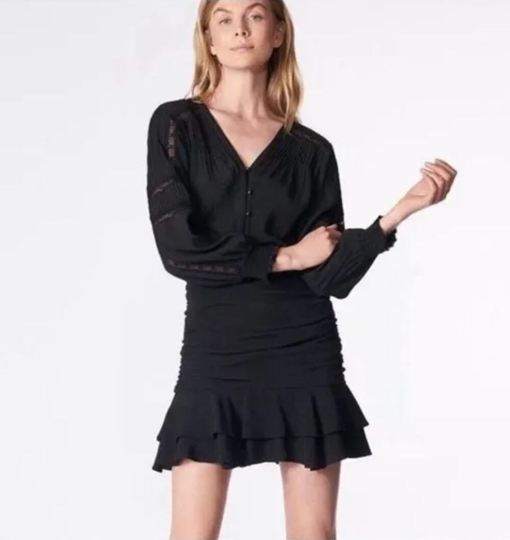 VERONICA BEARD Sarasota Black Mini Dress Smocked Cuff Tiered Ruffled Hem Size 0